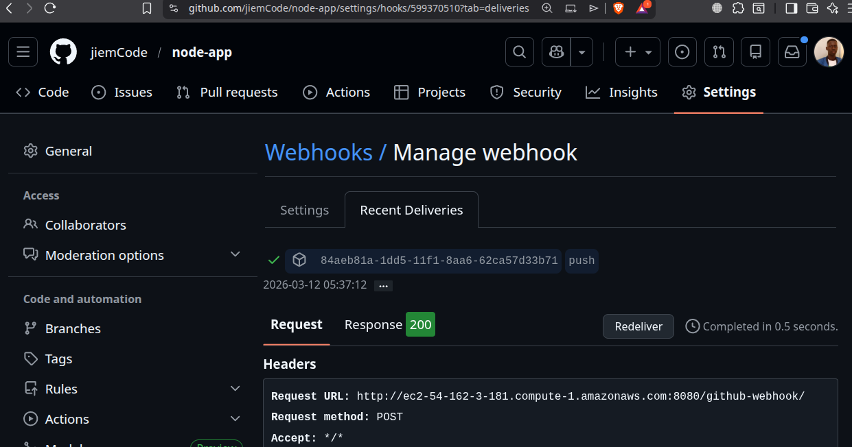 Livraison du webhook